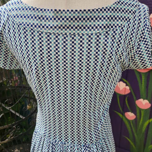 Mary Dress / Vintage 1950's Blue & White Checkered Nylon Midi Dress AS IS - Picture 14 of 17